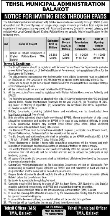 Tehsil Municipal Administration Balakot Tender Notice